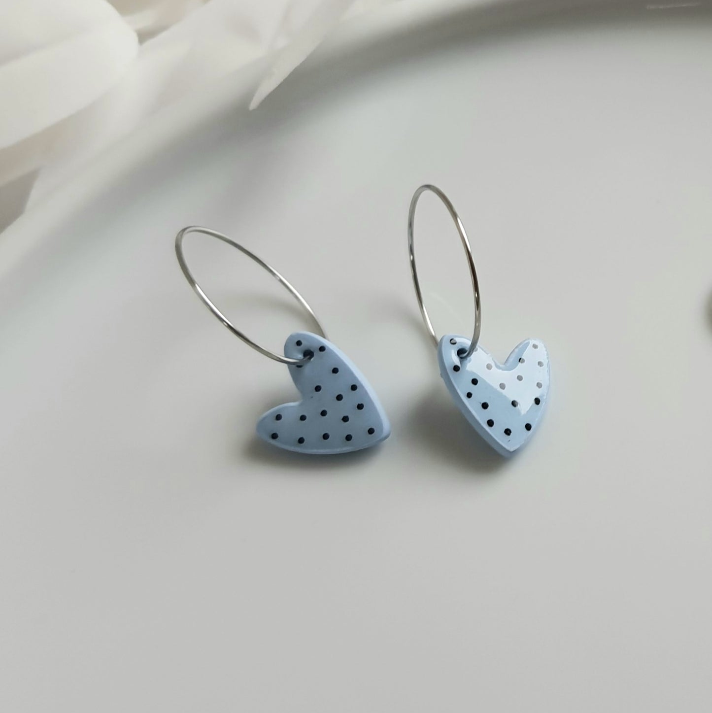 Spotted light blue heart hoops