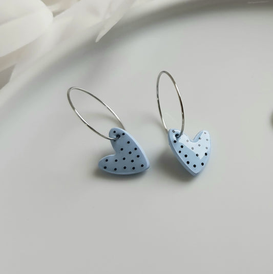 Spotted light blue heart hoops