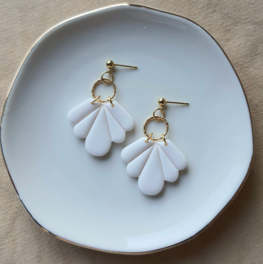 White fan dangle earrings