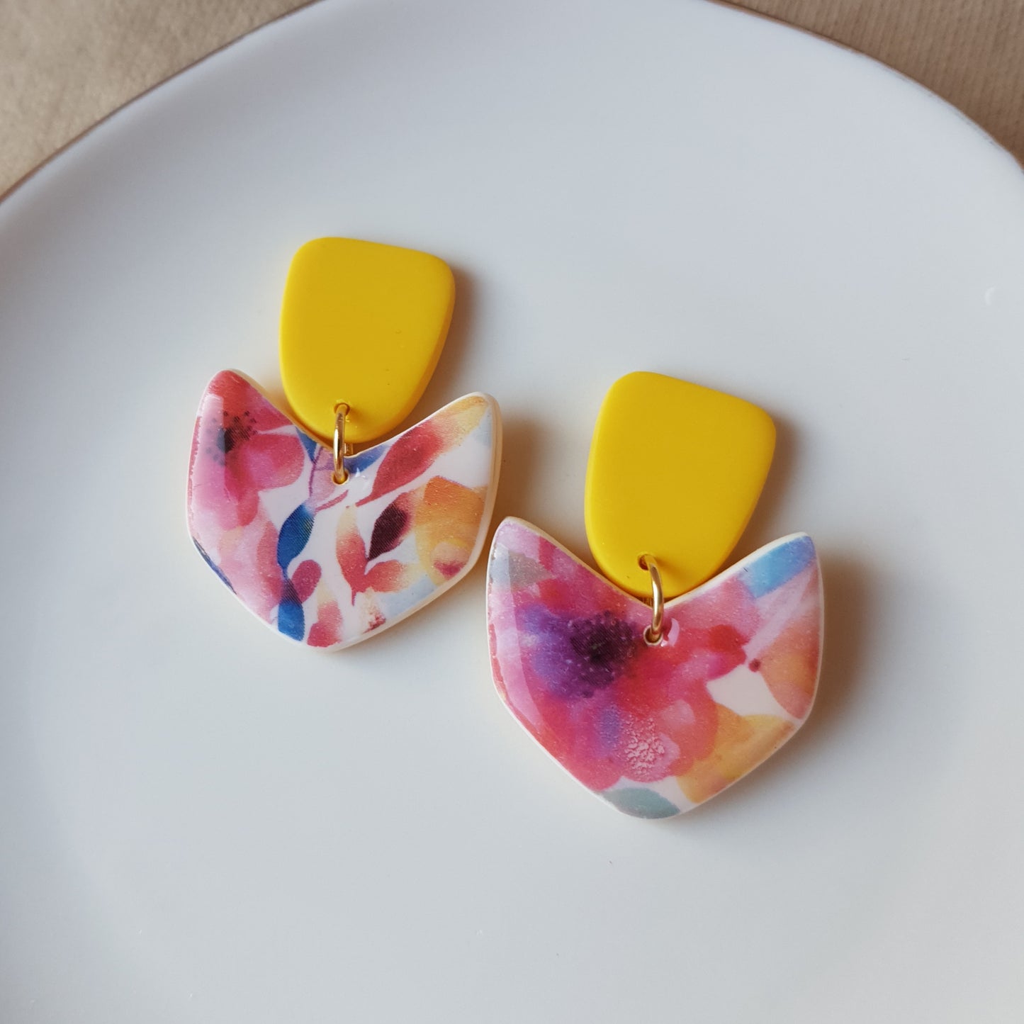 Yellow and floral dangle earrings