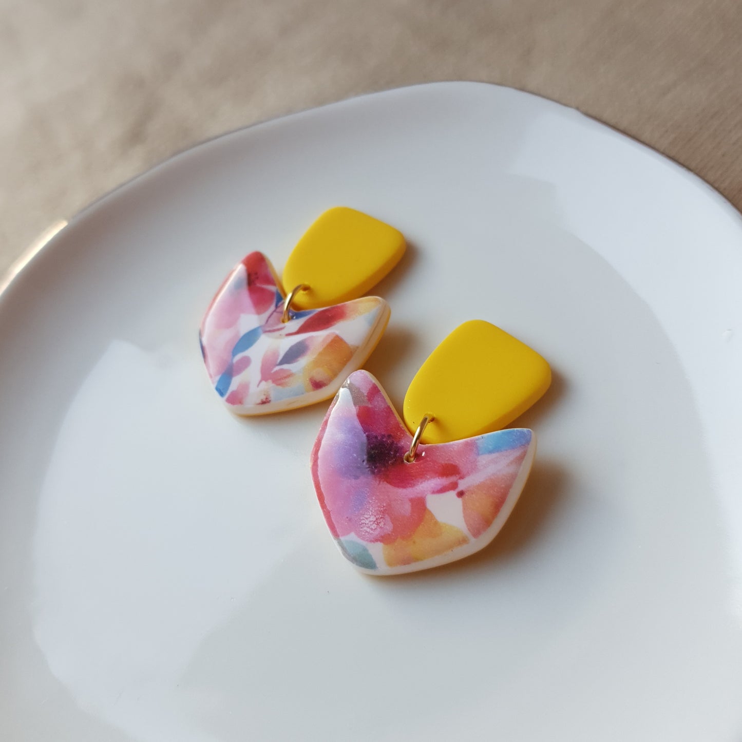 Yellow and floral dangle earrings