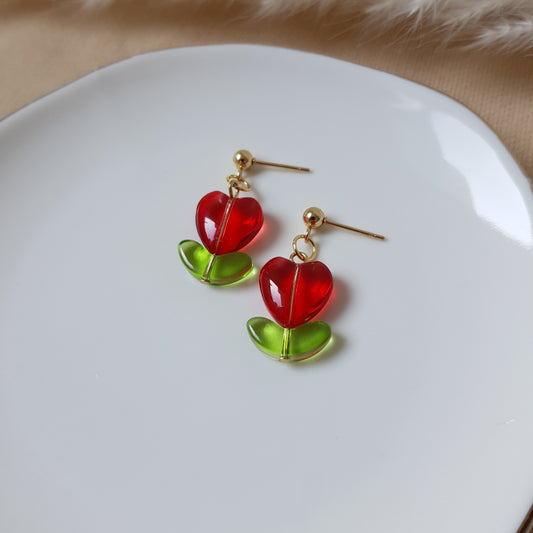 Red heart flower earrings