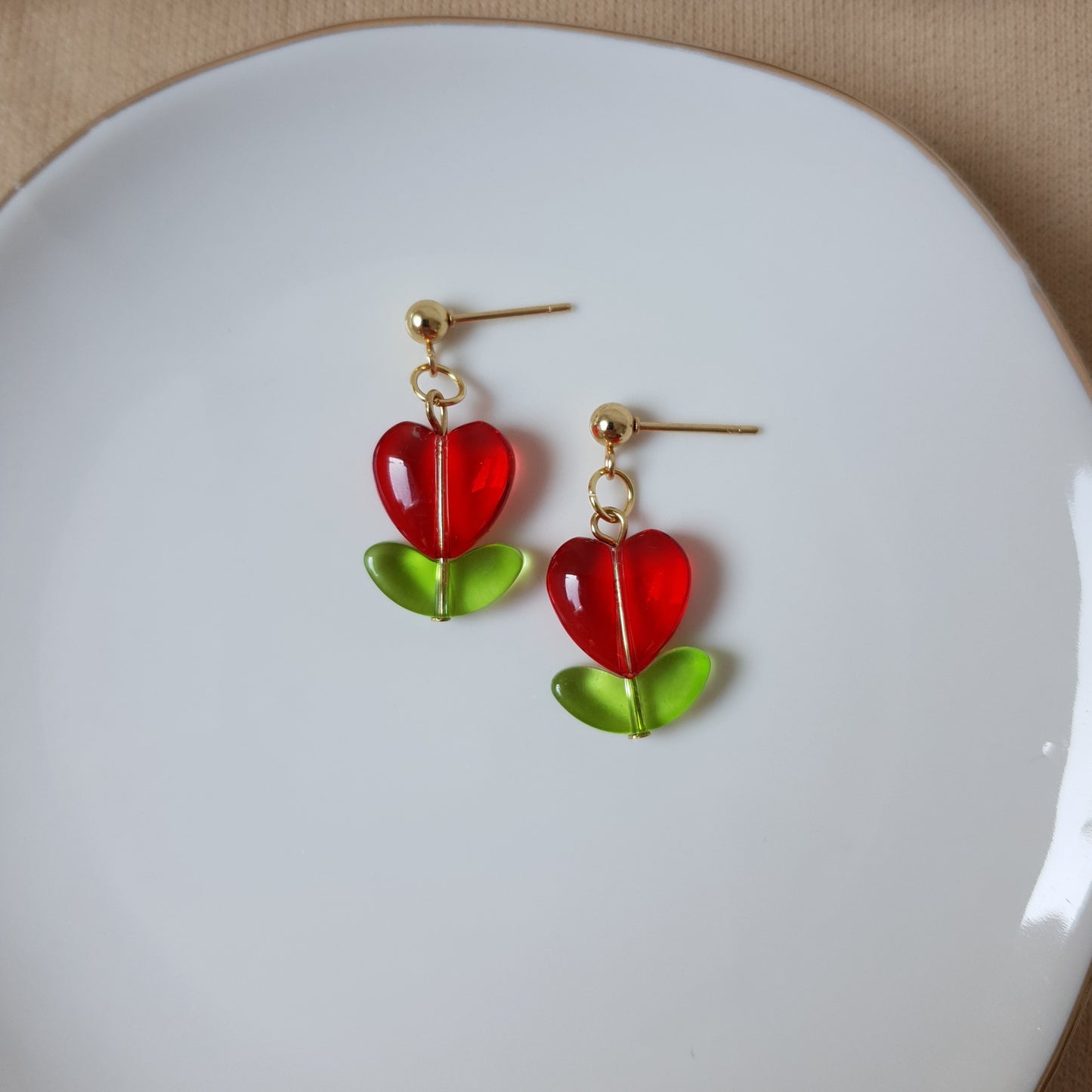 Red heart flower earrings