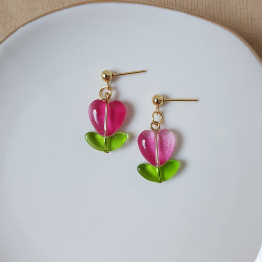Pink heart flower earrings