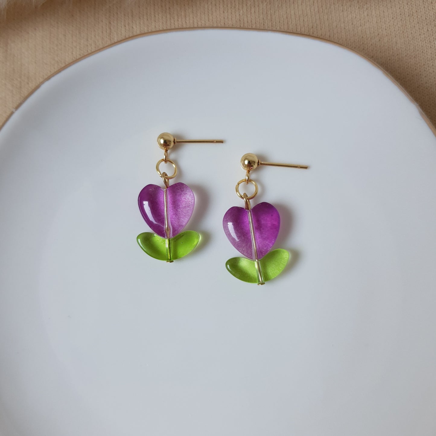 Purple heart flower earrings
