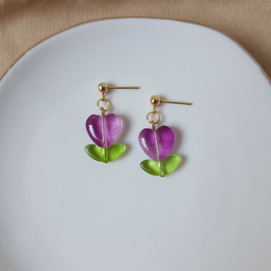 Purple heart flower earrings