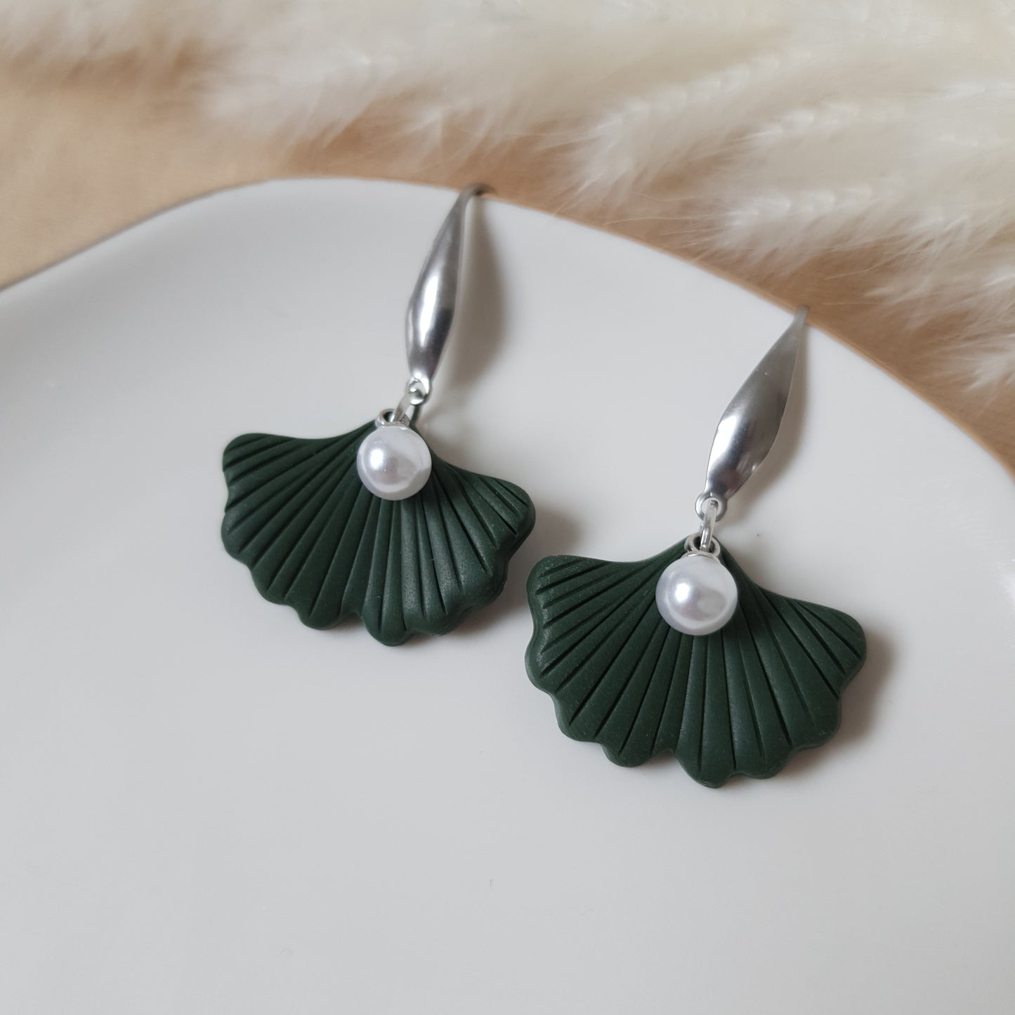 Dark green ginko earrings
