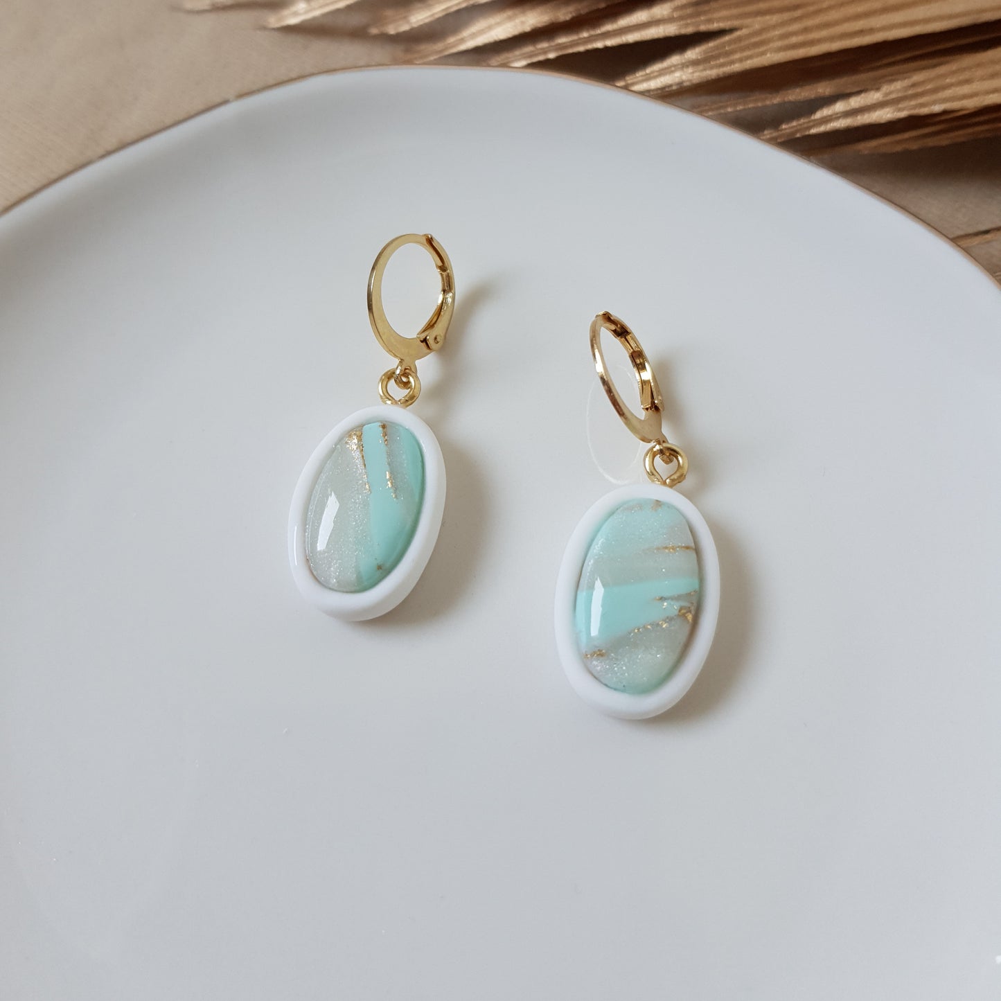 Oval minty faux stone earrings