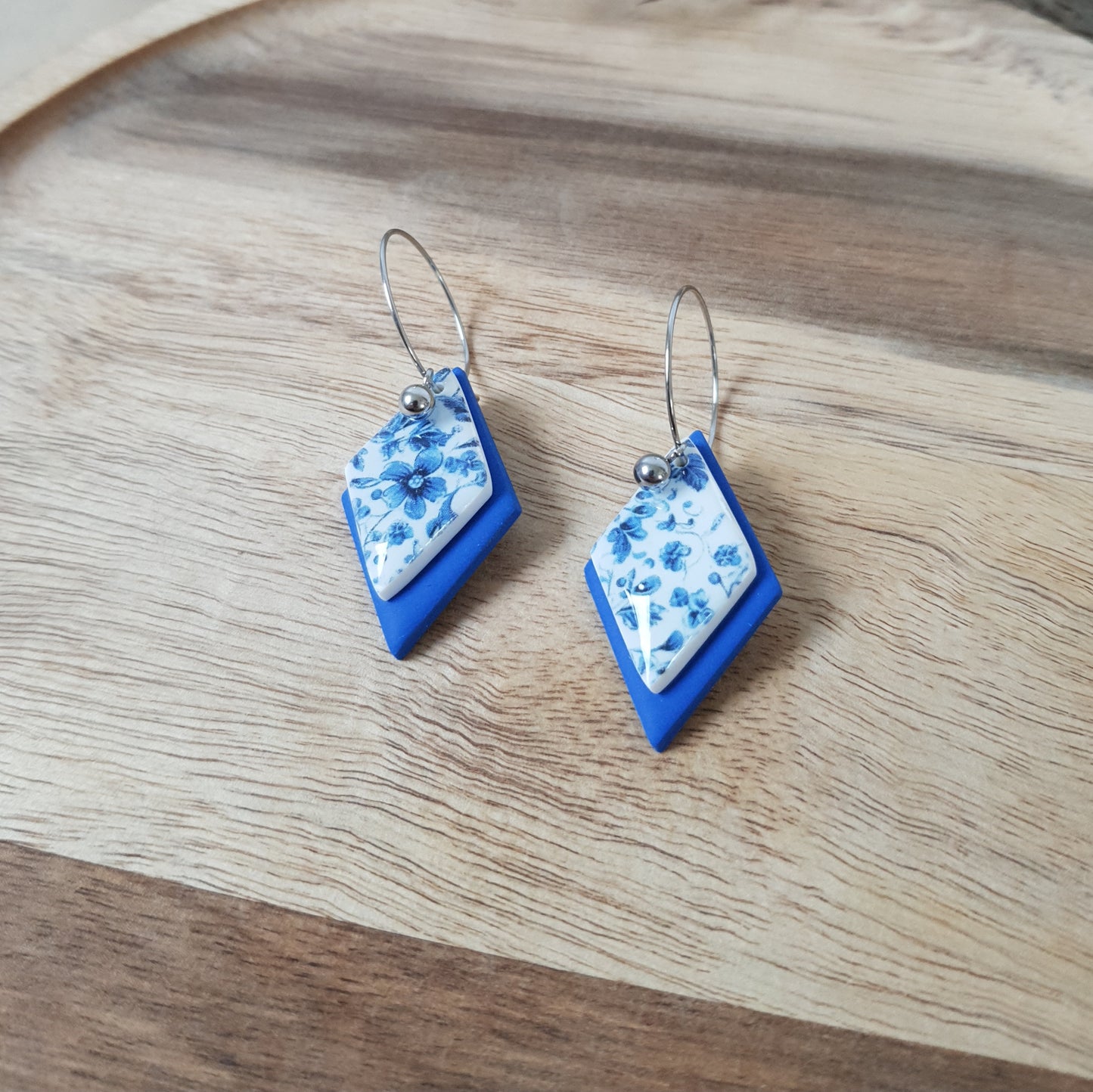 Blue and floral hoop earrings