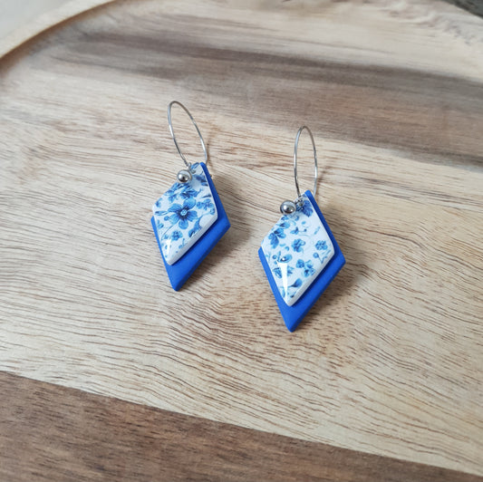 Blue and floral hoop earrings