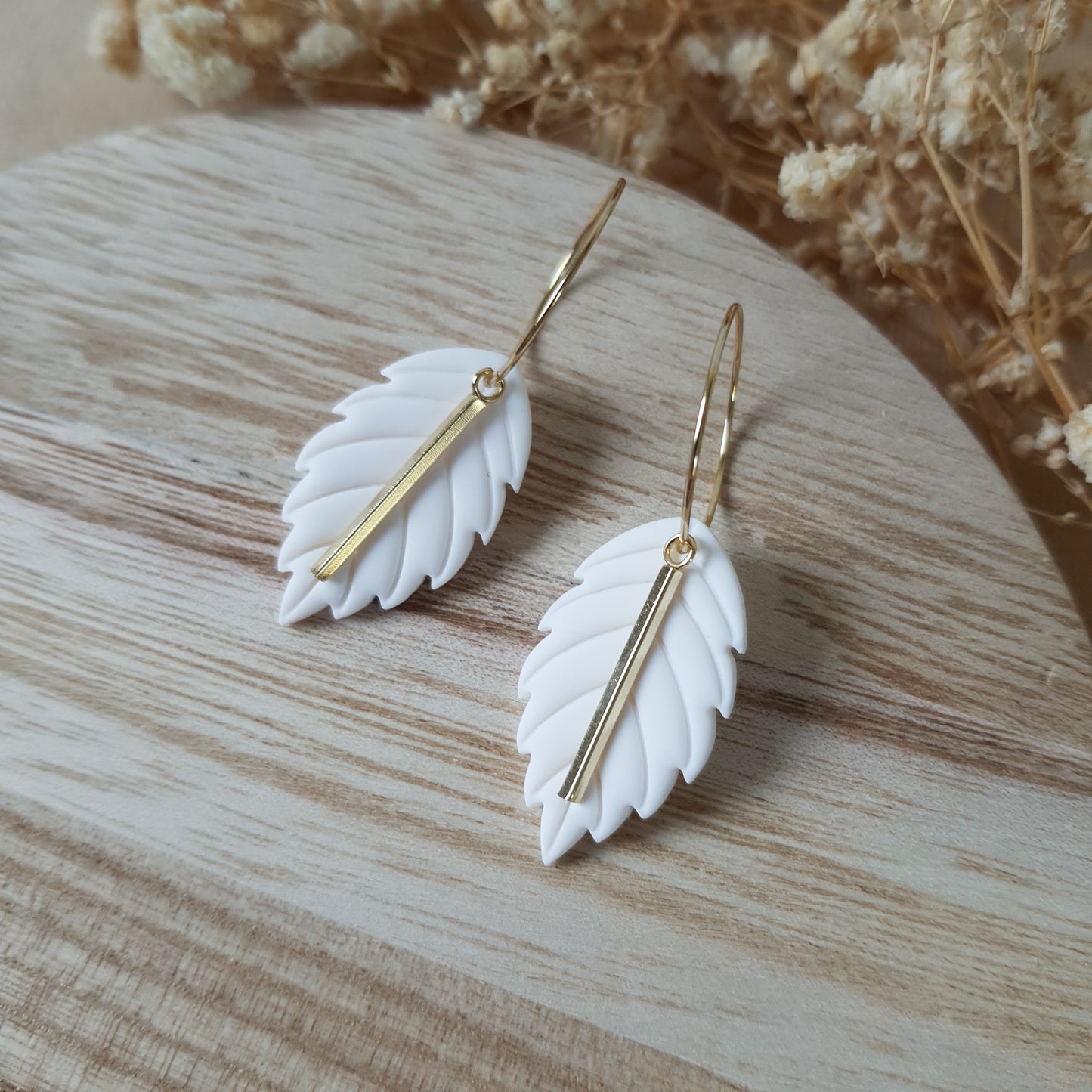White apple leaf hoop earrings