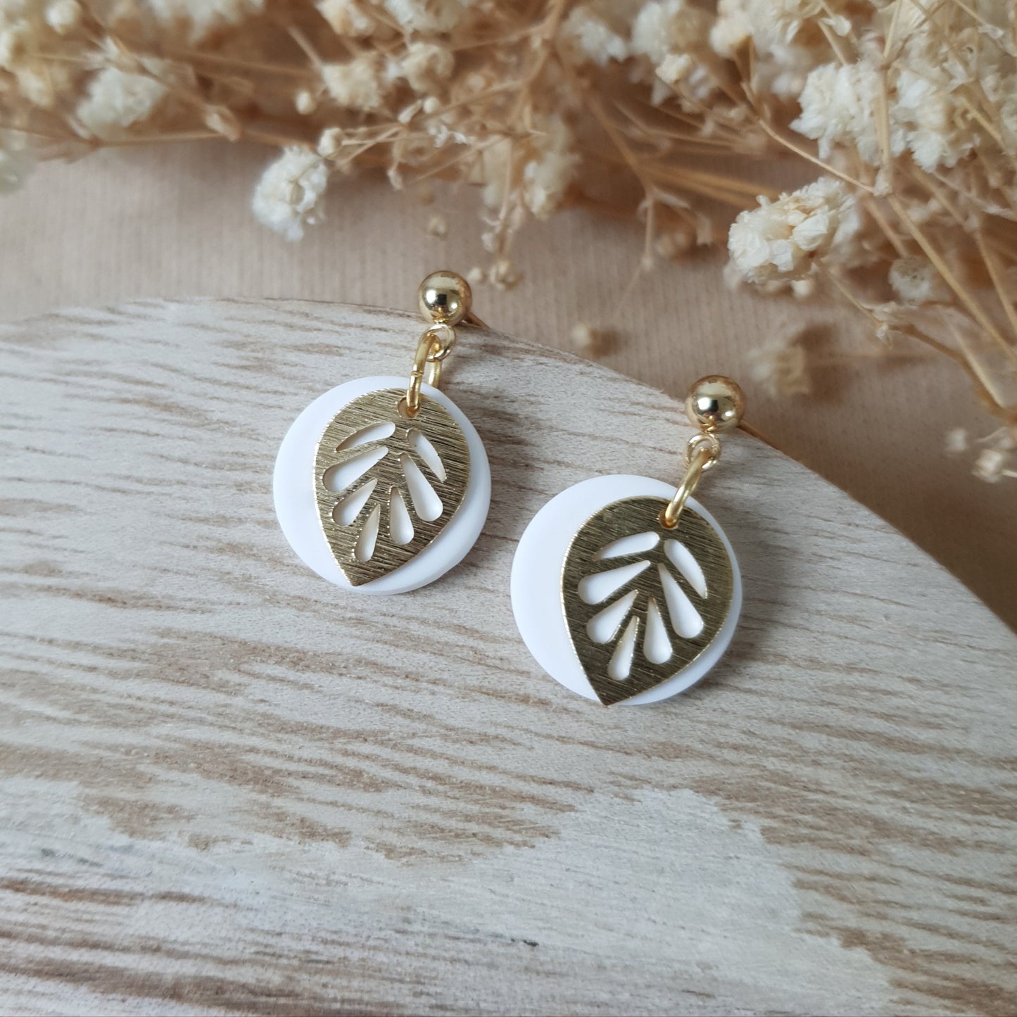 Gold on white leaf earrings