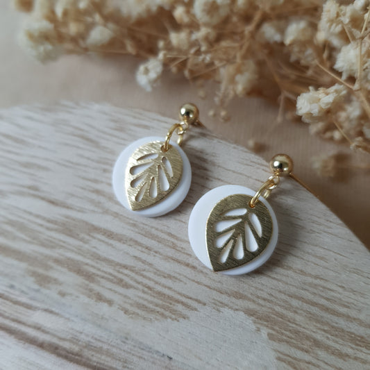 Gold on white leaf earrings