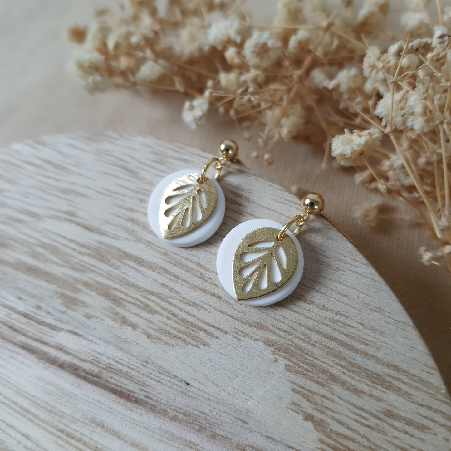 Gold on white leaf earrings
