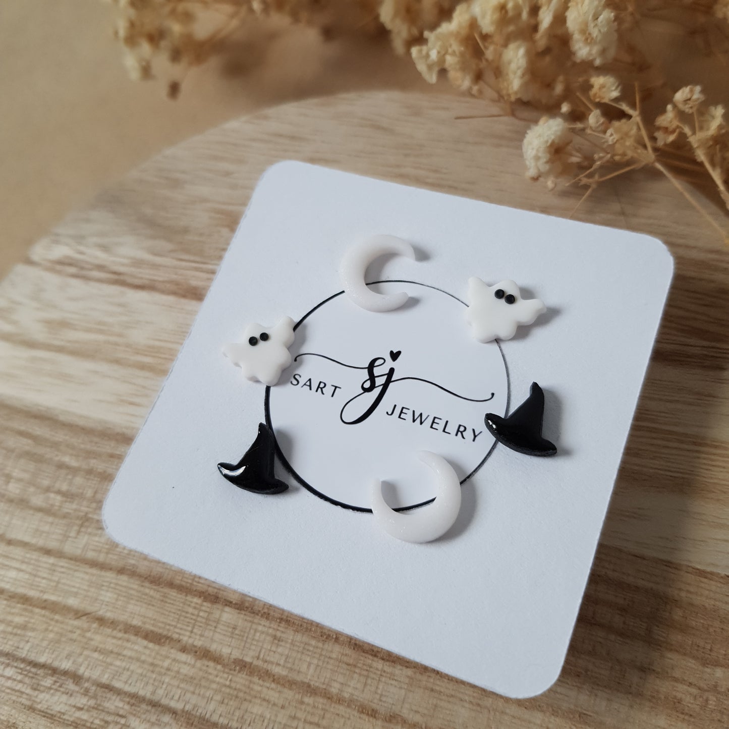 Moon ghost and witch hat earrings
