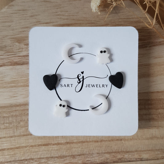 Moon ghost and heart earrings