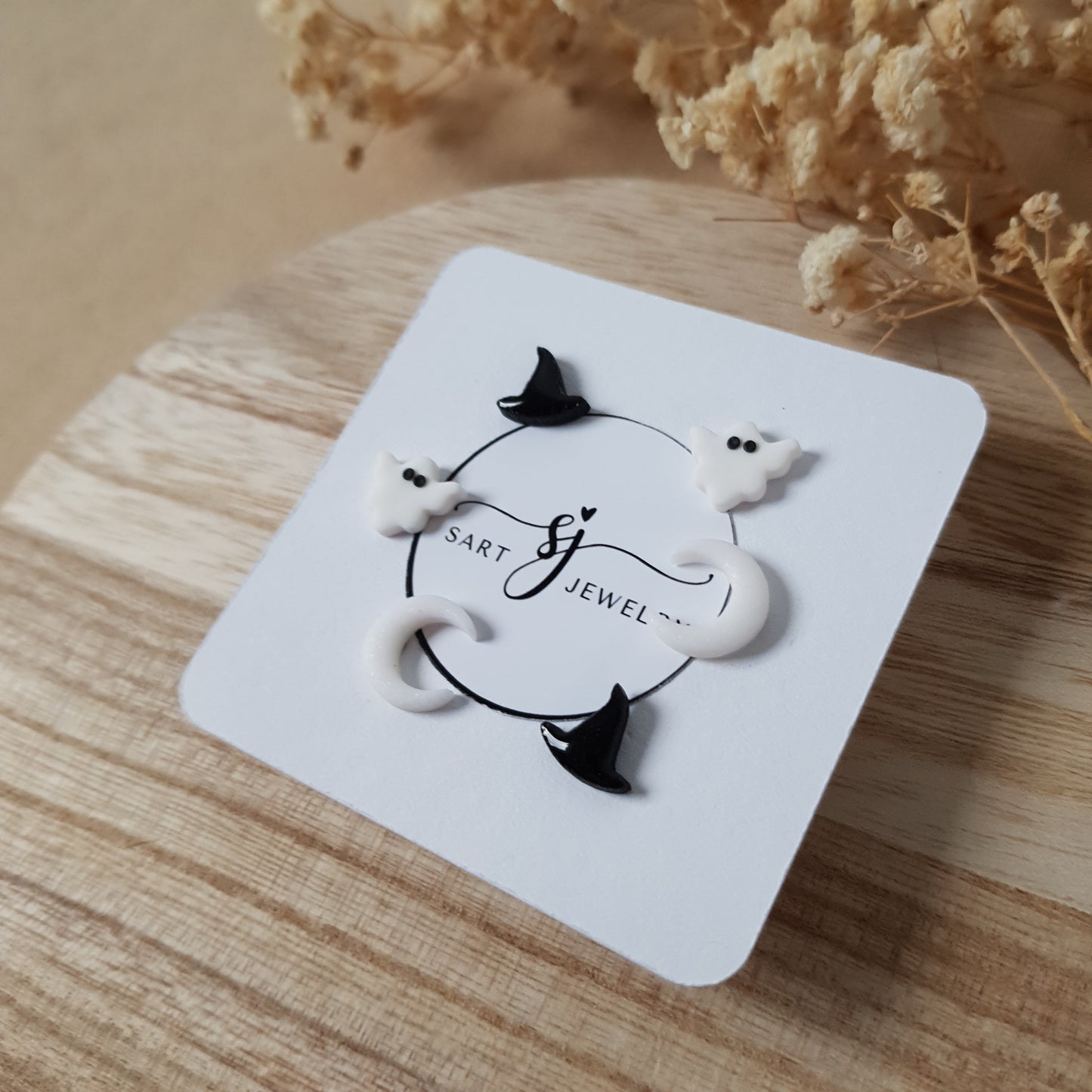 Spooky ghost moon and witch hat earrings