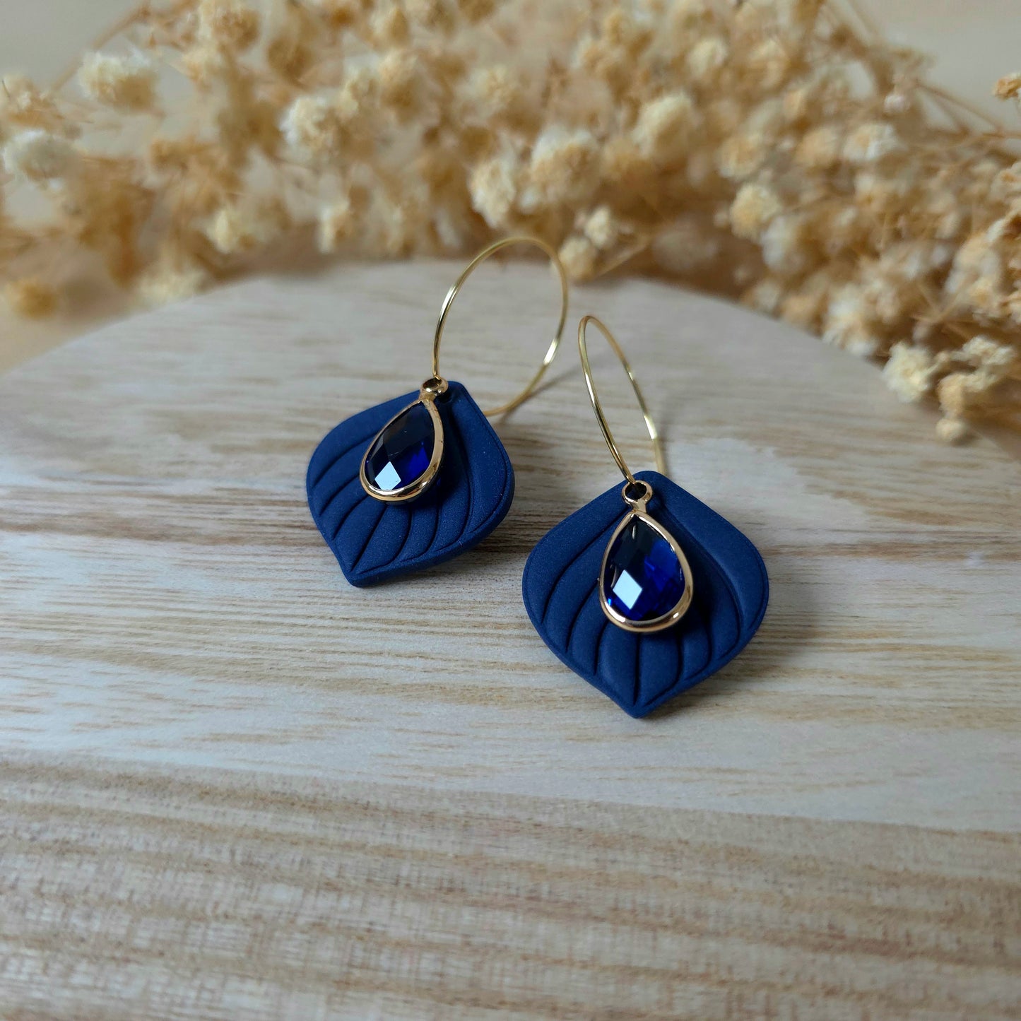 Royal blue leaf hoop earrings