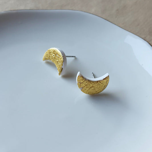 White moon with golden flakes stud earrings