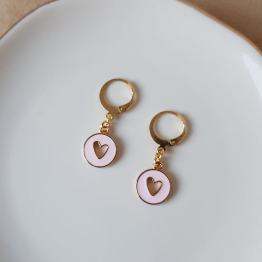 Pink and gold heart dangle earrings