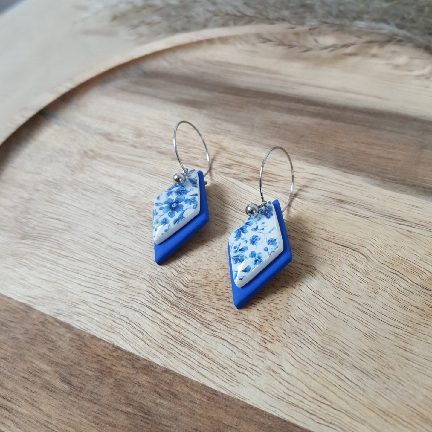 Blue and floral hoop earrings