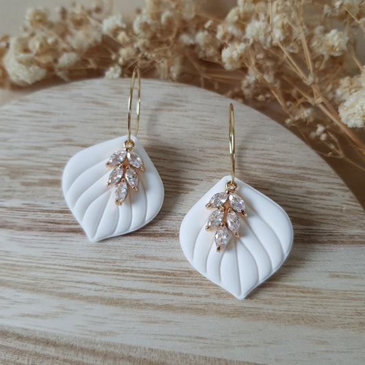 White leaf hoop earrings