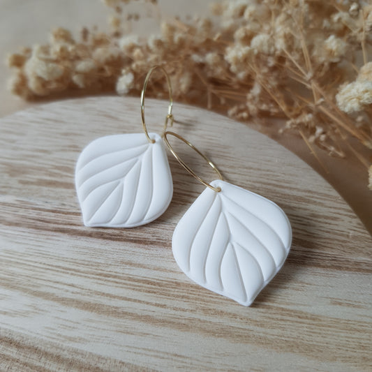 White leaf hoop earrings