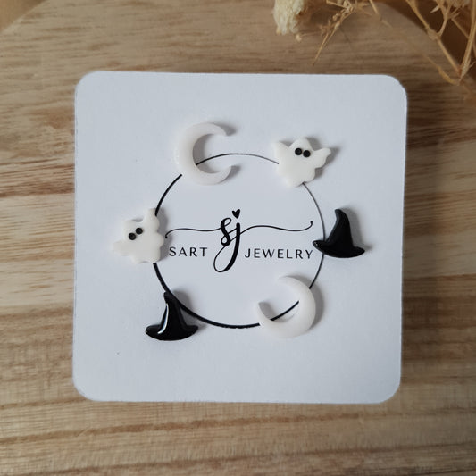Moon ghost and witch hat earrings