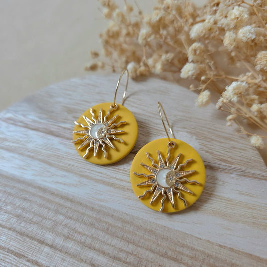 Sun and moon yellow hoop earrings