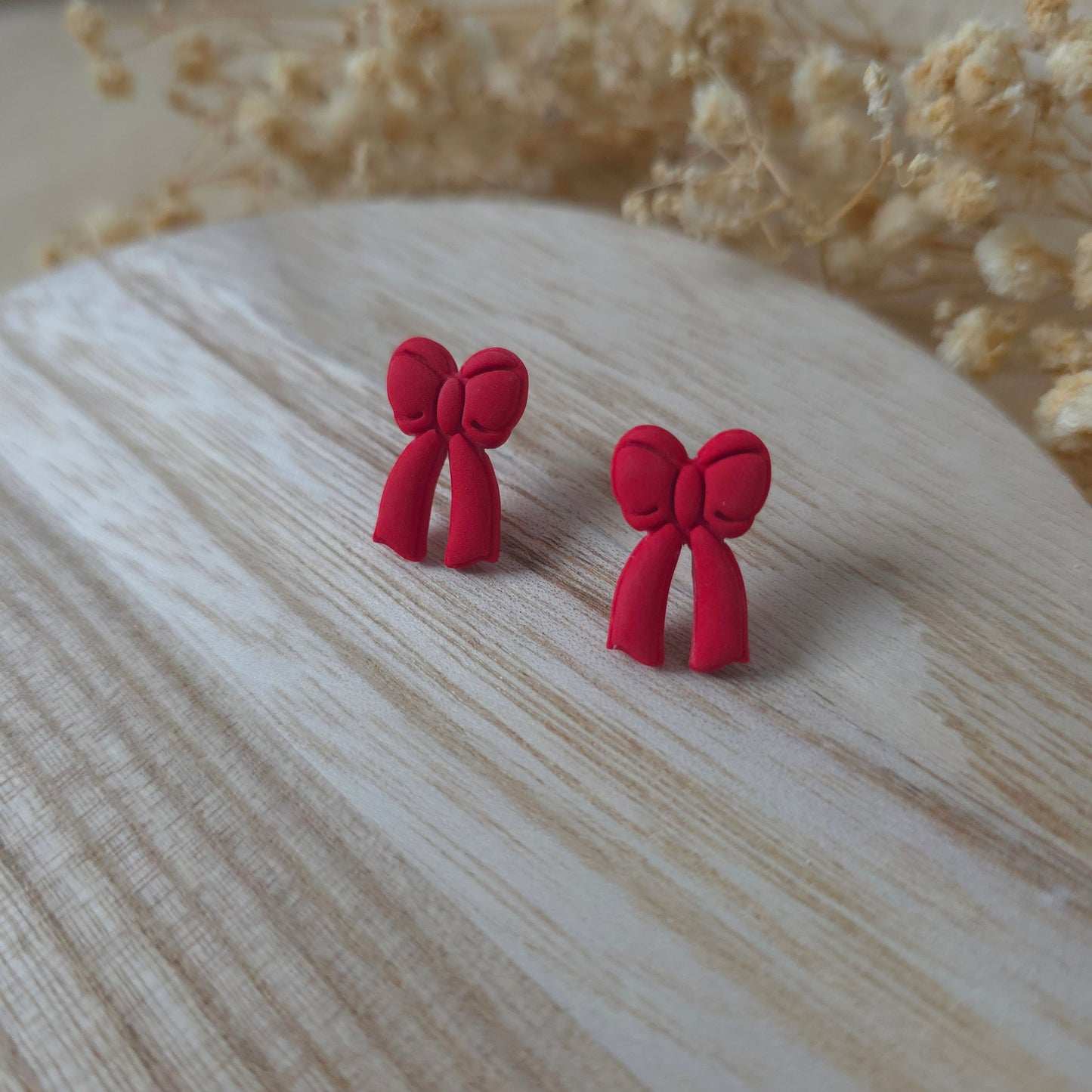 Red bow ribbon stud earrings