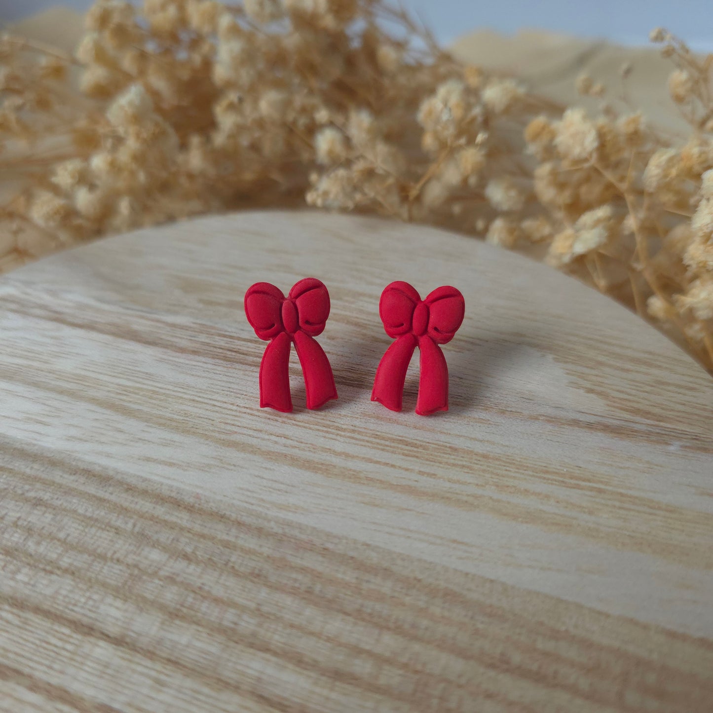 Red bow ribbon stud earrings