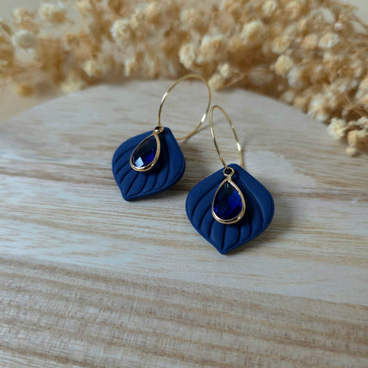 Royal blue leaf hoop earrings