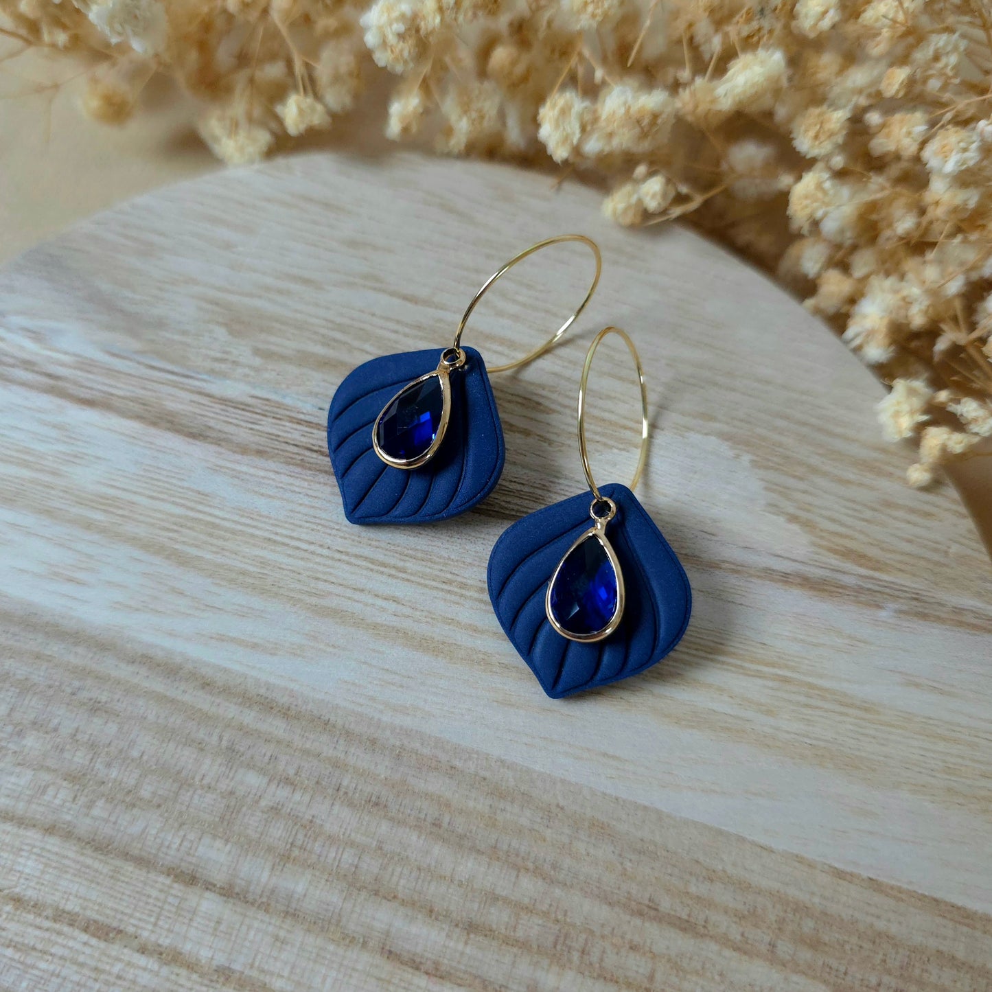 Royal blue leaf hoop earrings