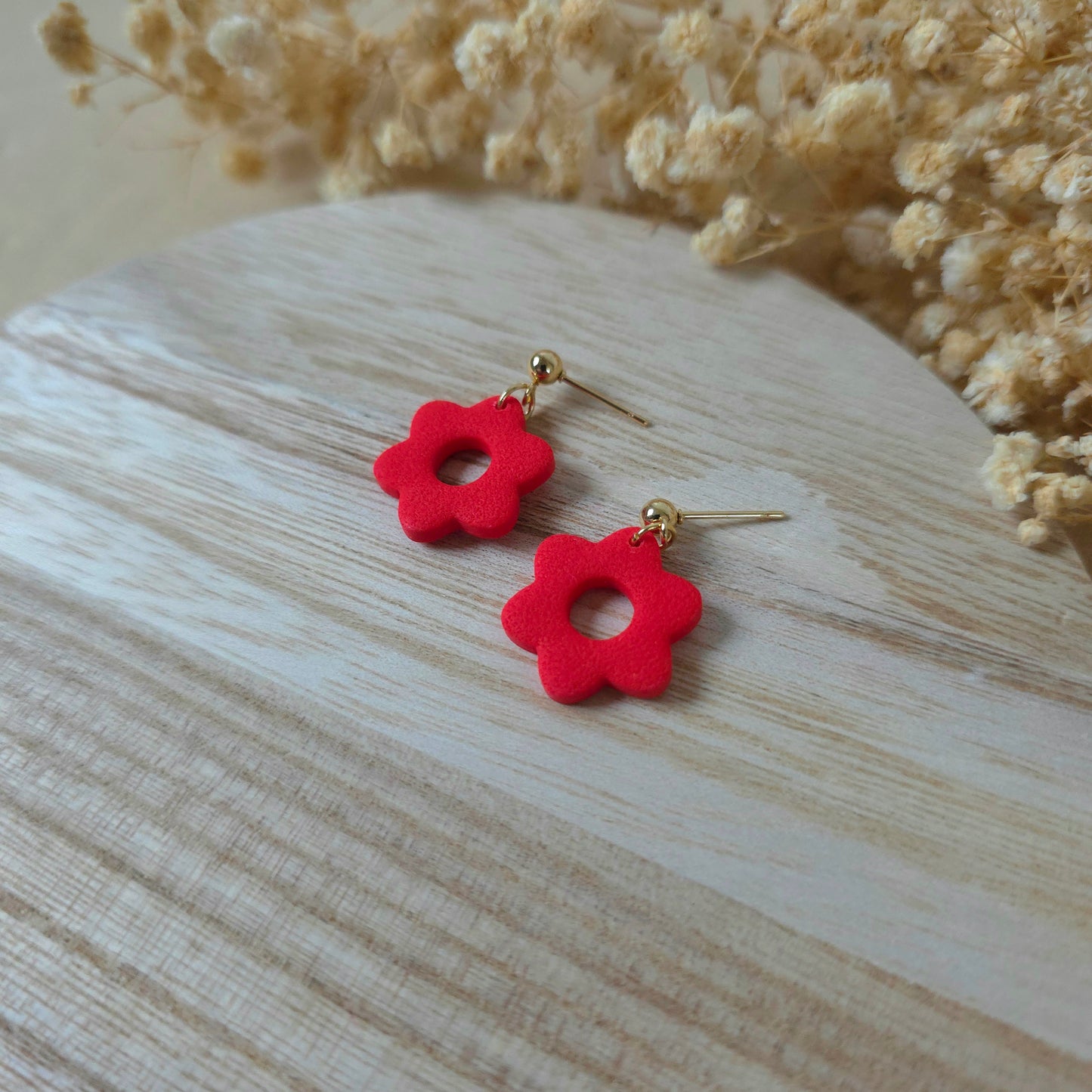 Red donut flower earrings