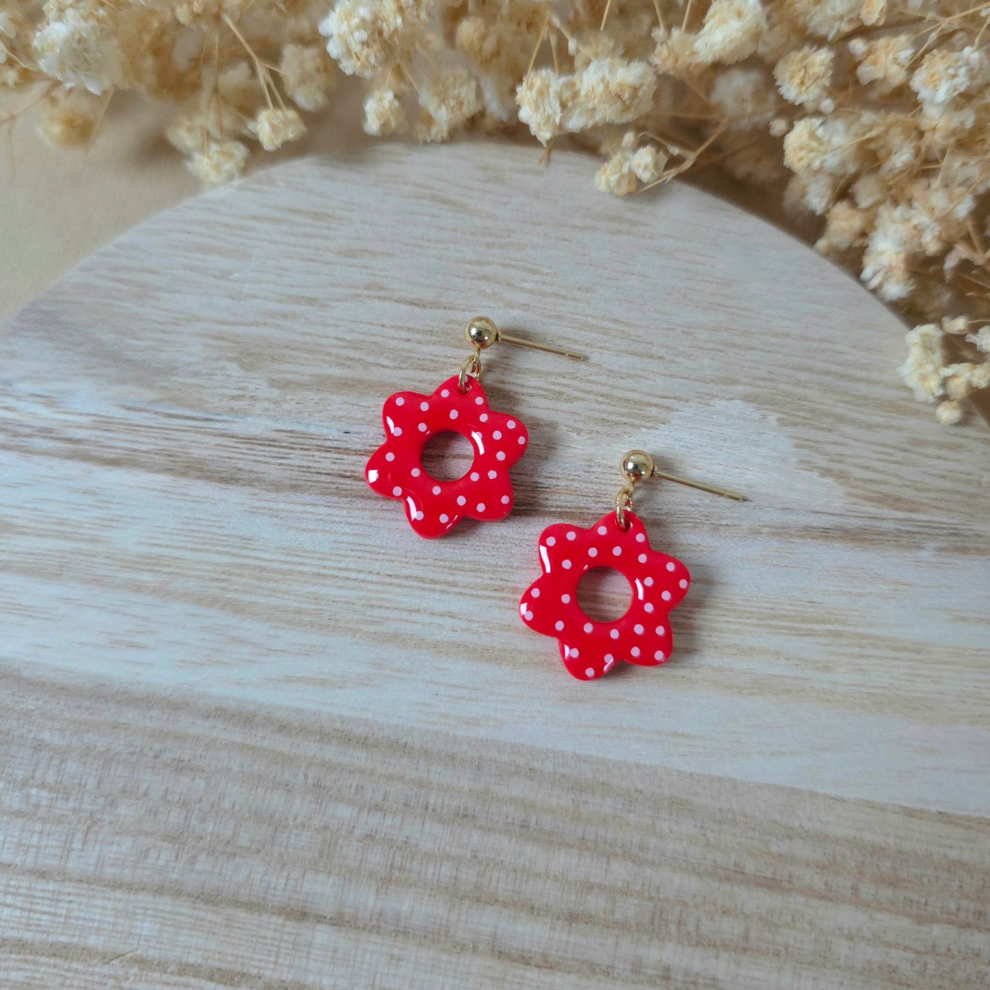 Red spotted donut flower earrings