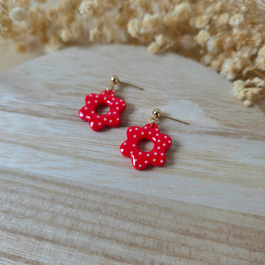Red spotted donut flower earrings